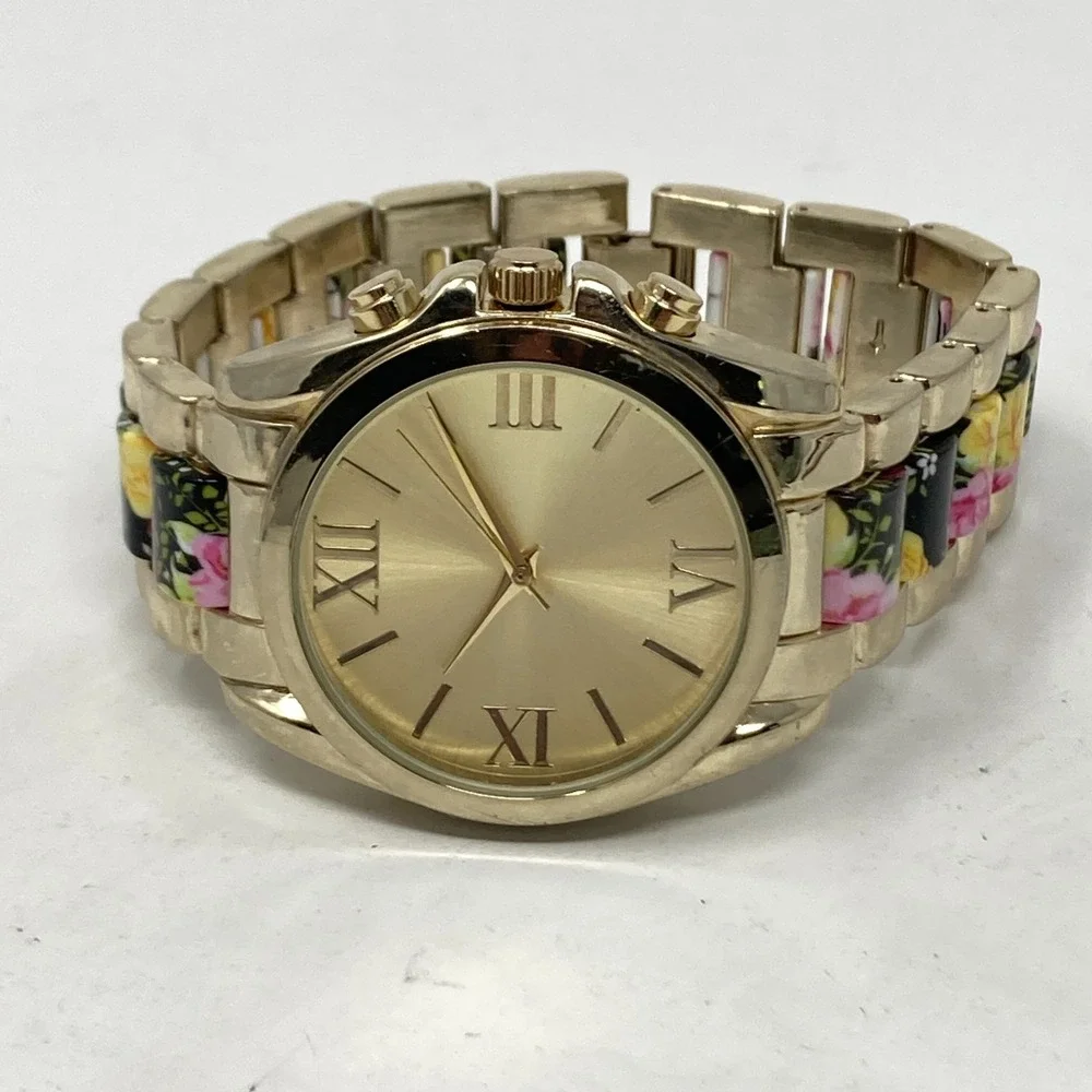 Icing Women's Watch Floral Band Black Pink 37mm Gold Tone New Battery 7.5
